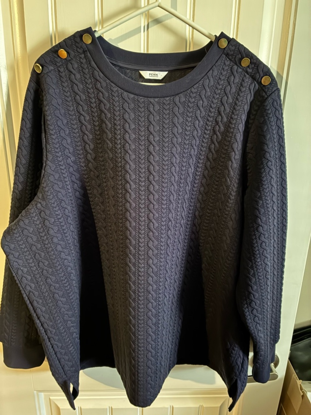 Penningtons Navy Cable-Knit Crewneck Sweater with Shoulder Buttons